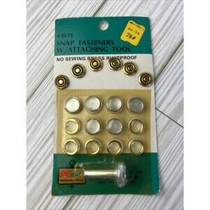Vintage NOS Pearl Snaps & Attaching Tool Sewing Notions Kmart Brass/Gold Buttons